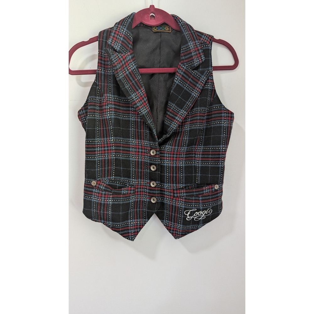Vintage Coogi Plaid Wool Blend Vest Black Red Blue Waistcoat 082-008771